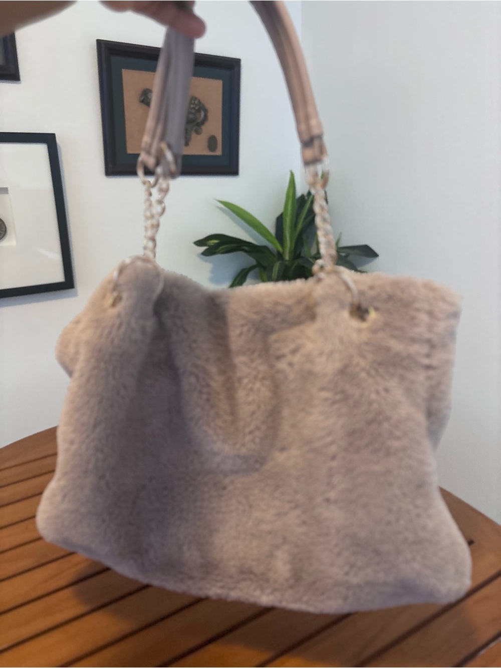 Plush Faux Fur Shoulder Bag in Taupe